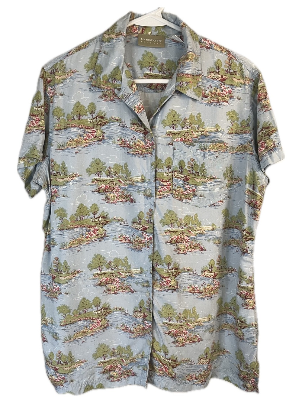 Liz Claiborne Vintage Light Blue Scenic Print Short-Sleeve Blouse